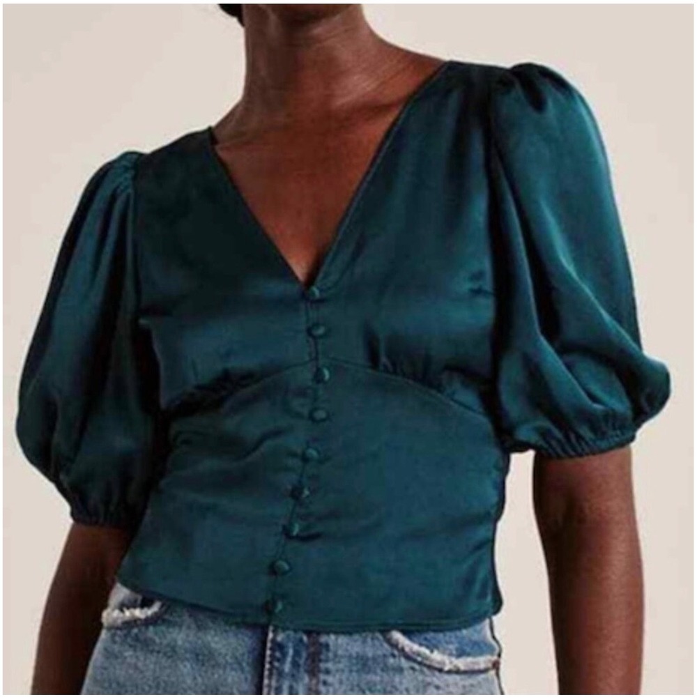 Abercrombie & Fitch Satin Open Back Puff Sleeve Tie Blouse Emerald Green Medium